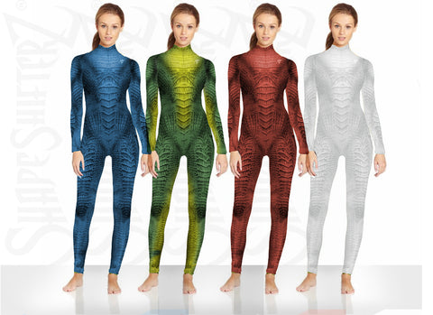 A collection of four women's bodysuits in different colors, each with a unique alien species design featuring scale patterns and neck zipper details.