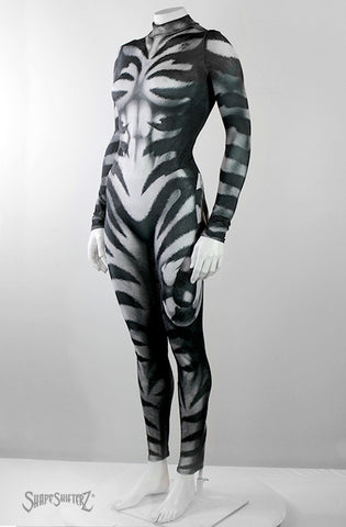 Full Bodysuit - Front Zipper - Women's Cat's Meow Bodysuit -- Costume Sportswear - Black And White Cat With Printed Tail