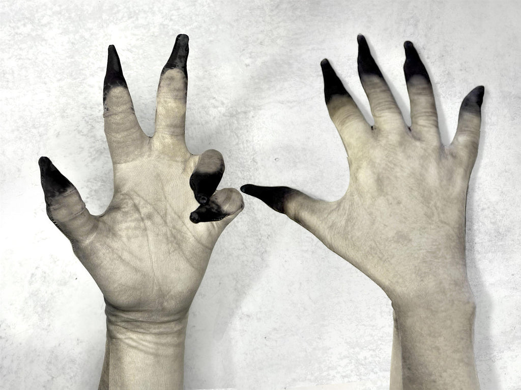 Vampire zombie alien costume gloves, pale dead skin print with dark fingertips