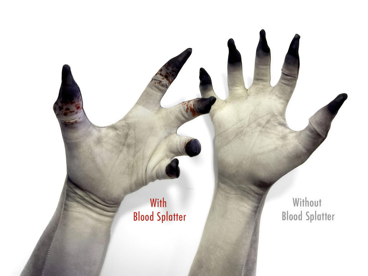 Dead skin costume gloves, pale print, worn view
