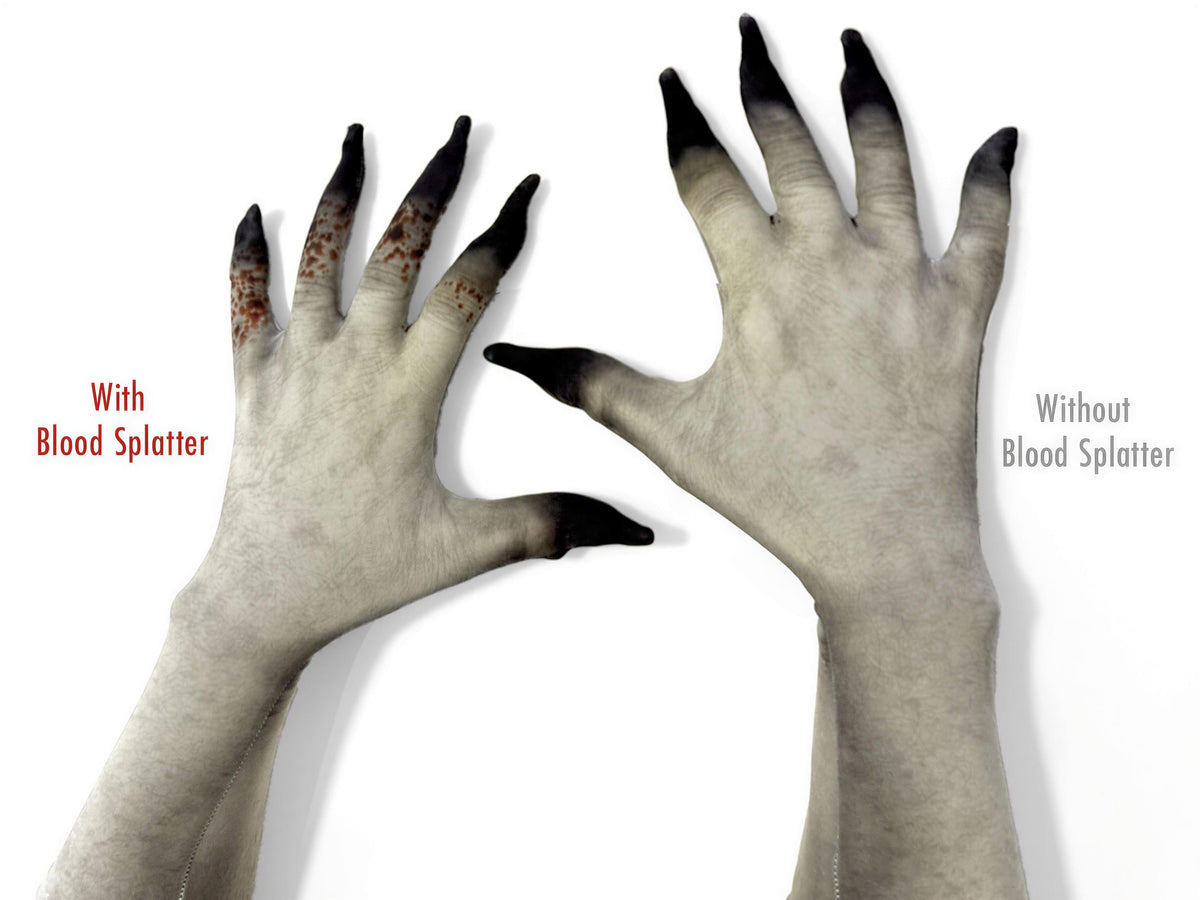 Dead skin costume gloves, pale print, palm view