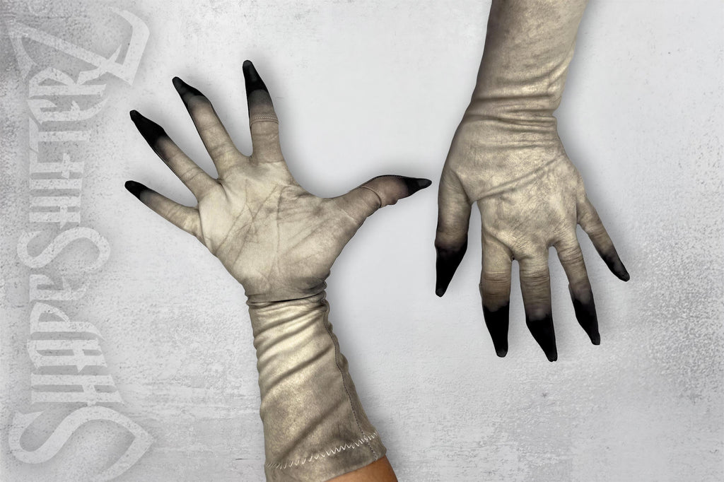 Dead skin costume gloves, pale print, top view