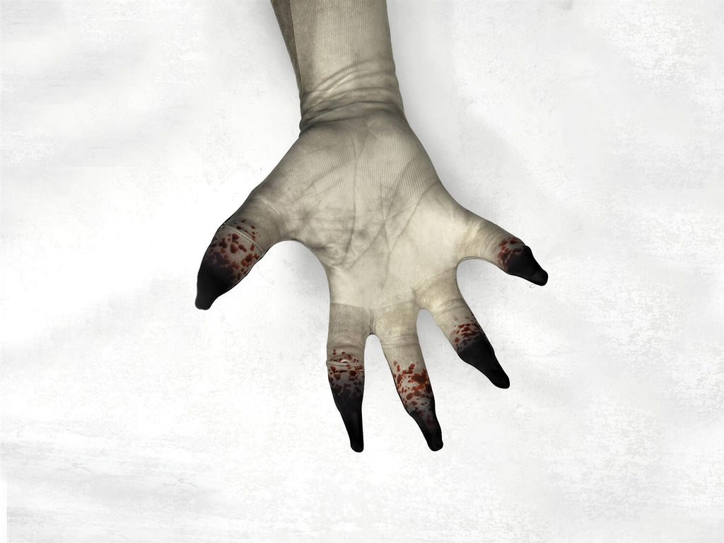Dead skin costume gloves, pale print, detail