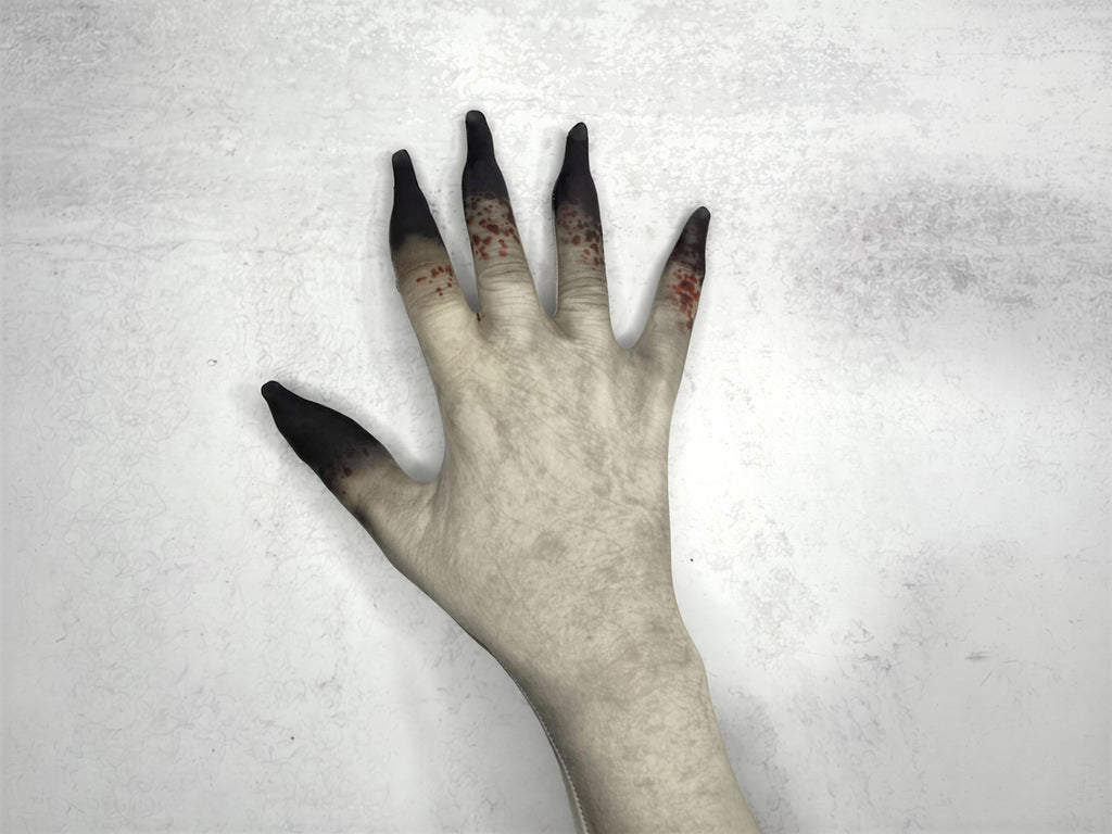 Dead skin costume gloves, pale print, pose
