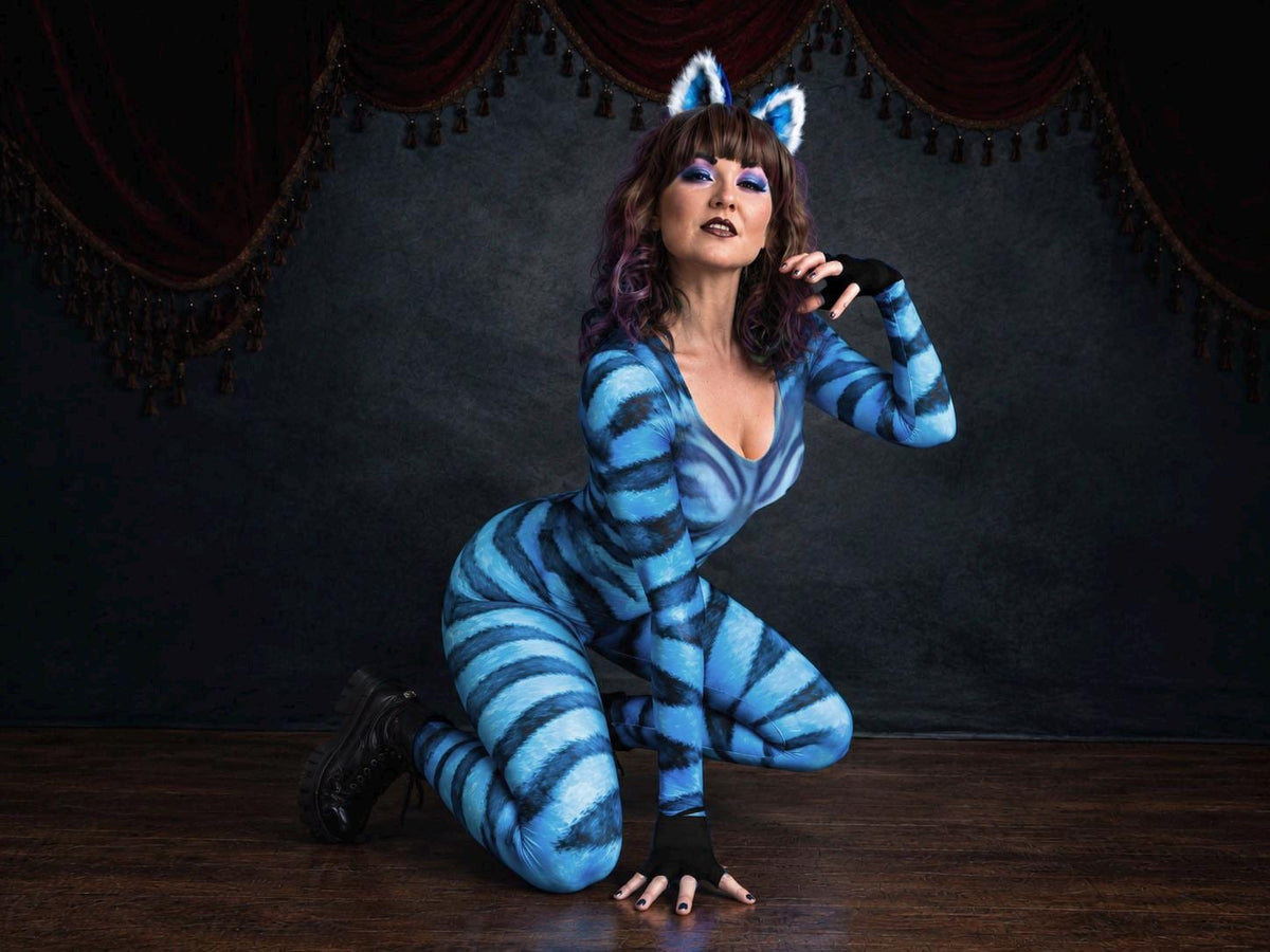 Women's classic cat catsuit, blue stripes, on a model