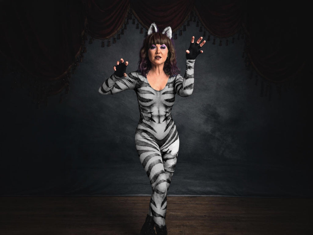 Women's classic cat catsuit, black and white stripes