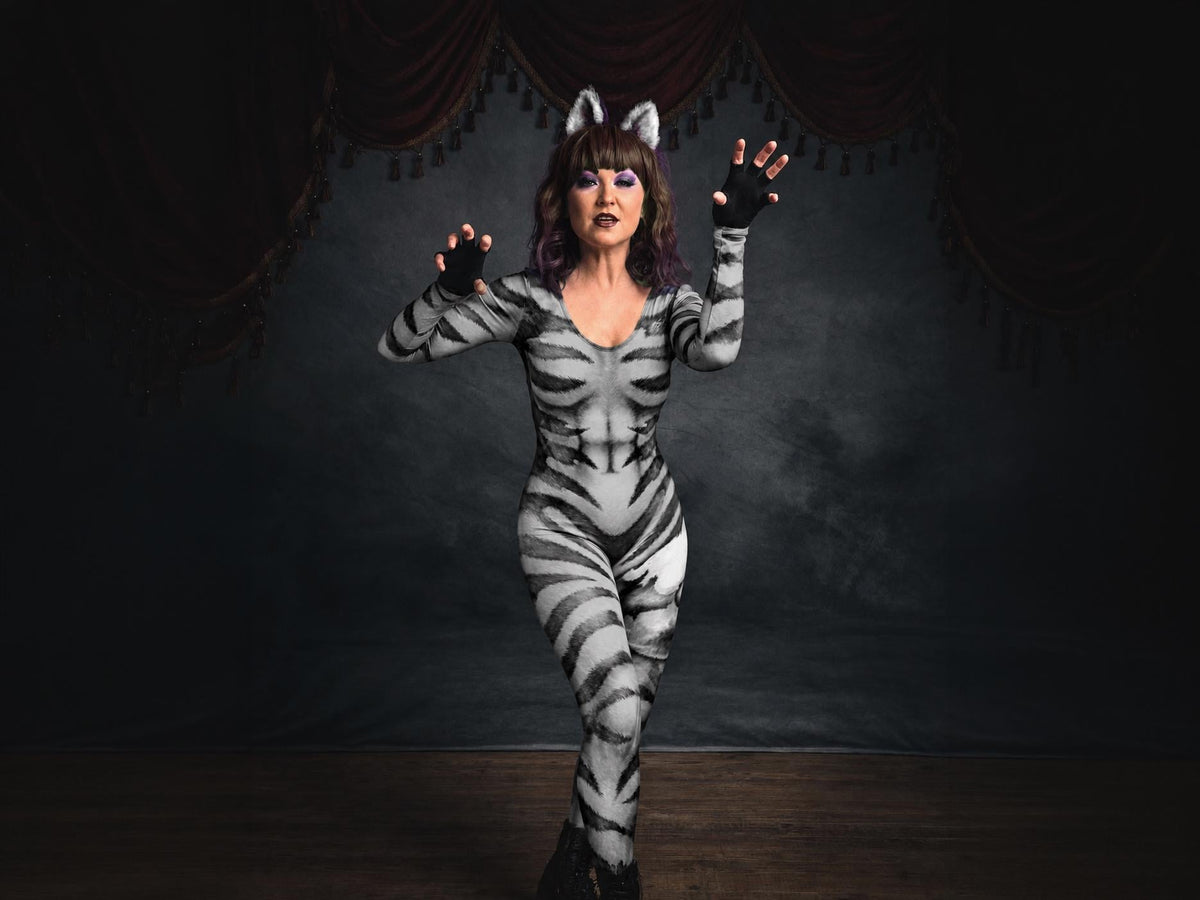Women's classic cat catsuit, black and white stripes