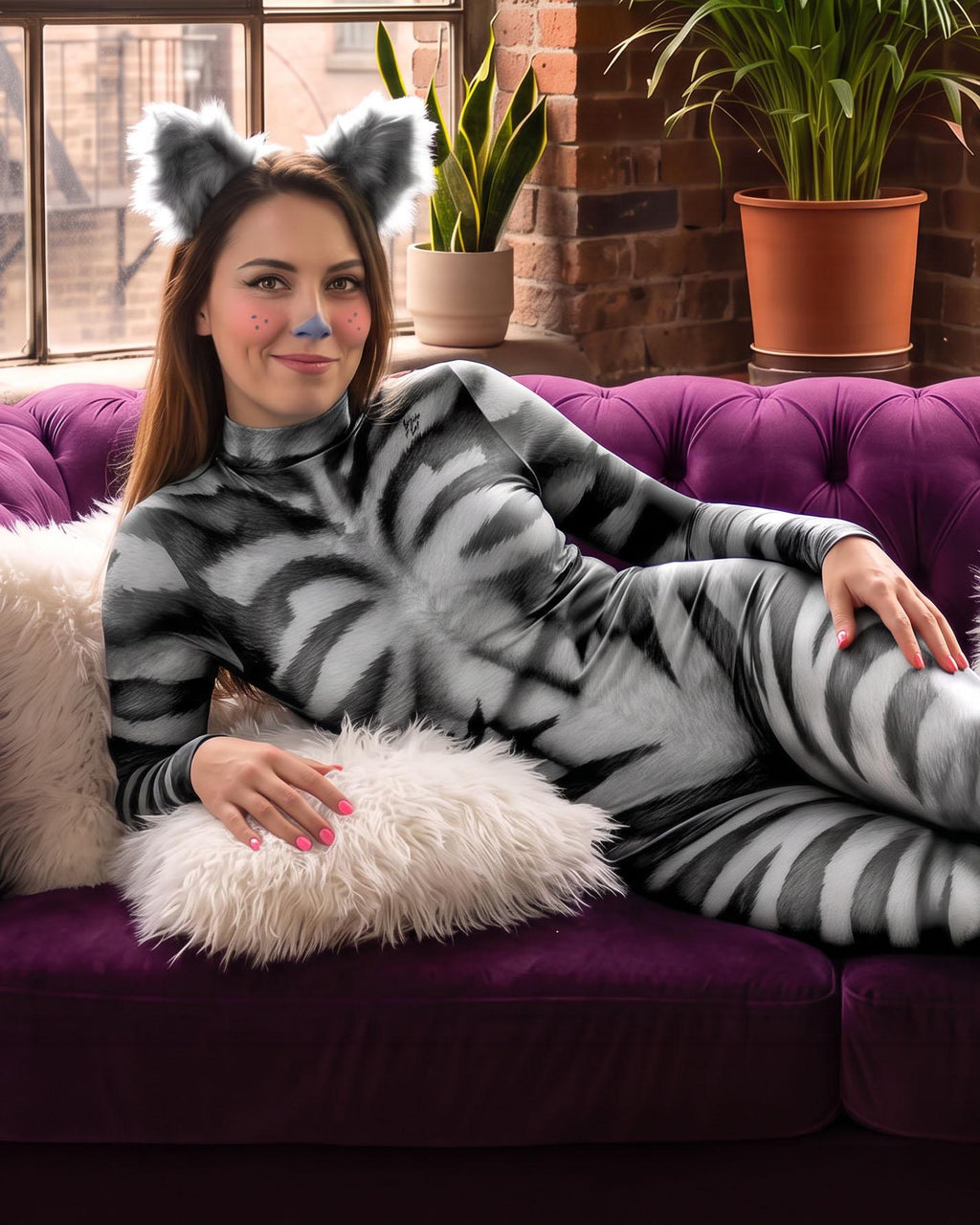 Women's striped cat catsuit, black and white, on a model