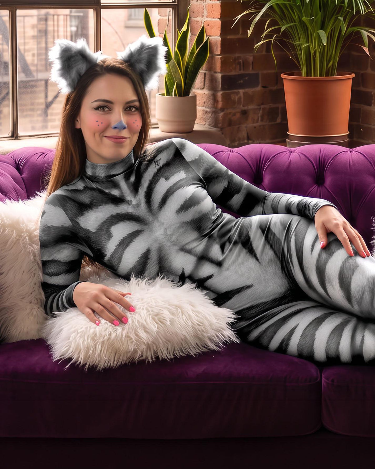 Women's striped cat catsuit, black and white, on a model