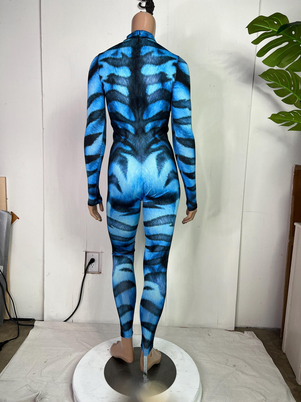 Women's striped cat catsuit, blue, back view