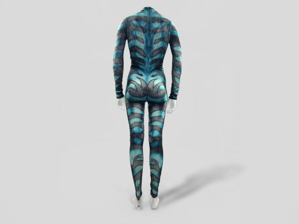 Women's striped cat catsuit, teal, back view
