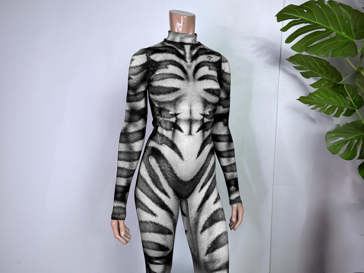 Women's striped cat catsuit, black and white, front view