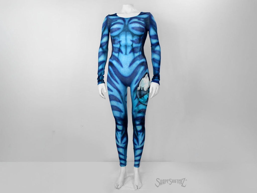 Women's classic cat catsuit, blue, printed tail, front