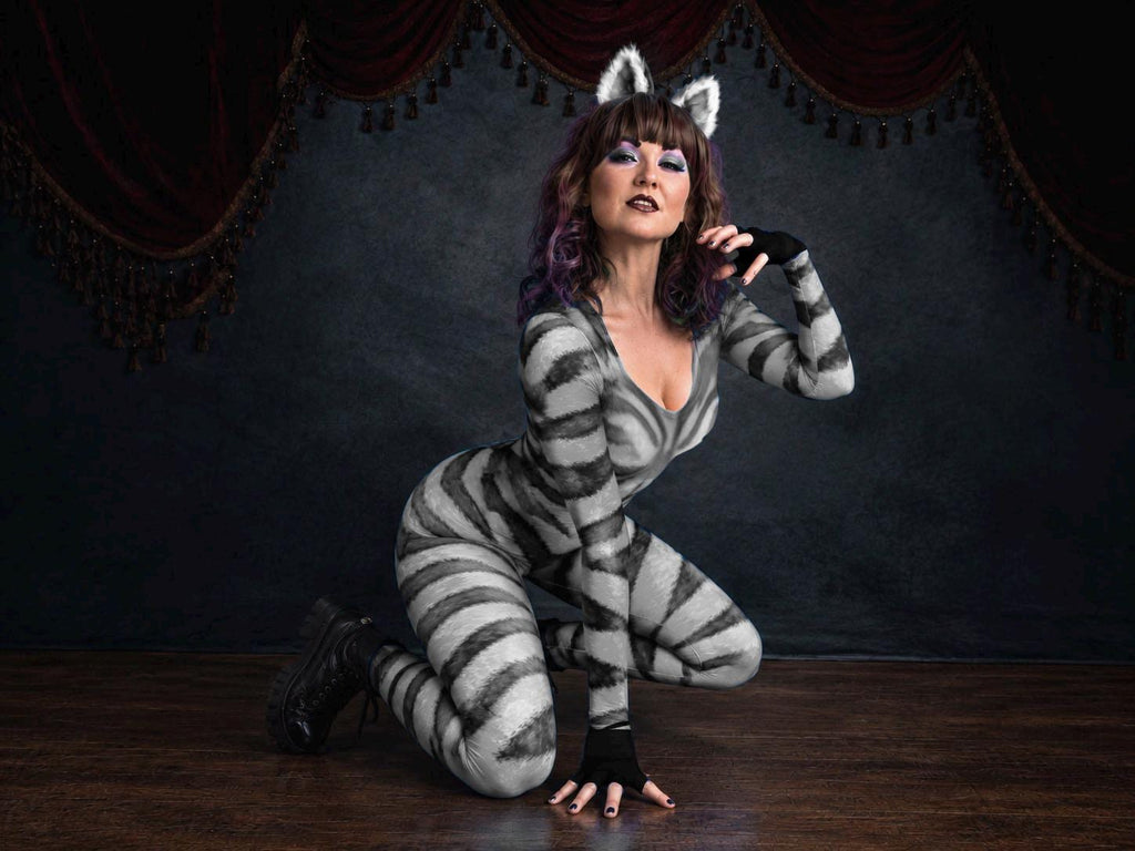 Women's classic cat catsuit, black and white stripes, scoop neck, on a model
