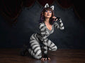 Women's classic cat catsuit, black and white stripes, scoop neck, on a model
