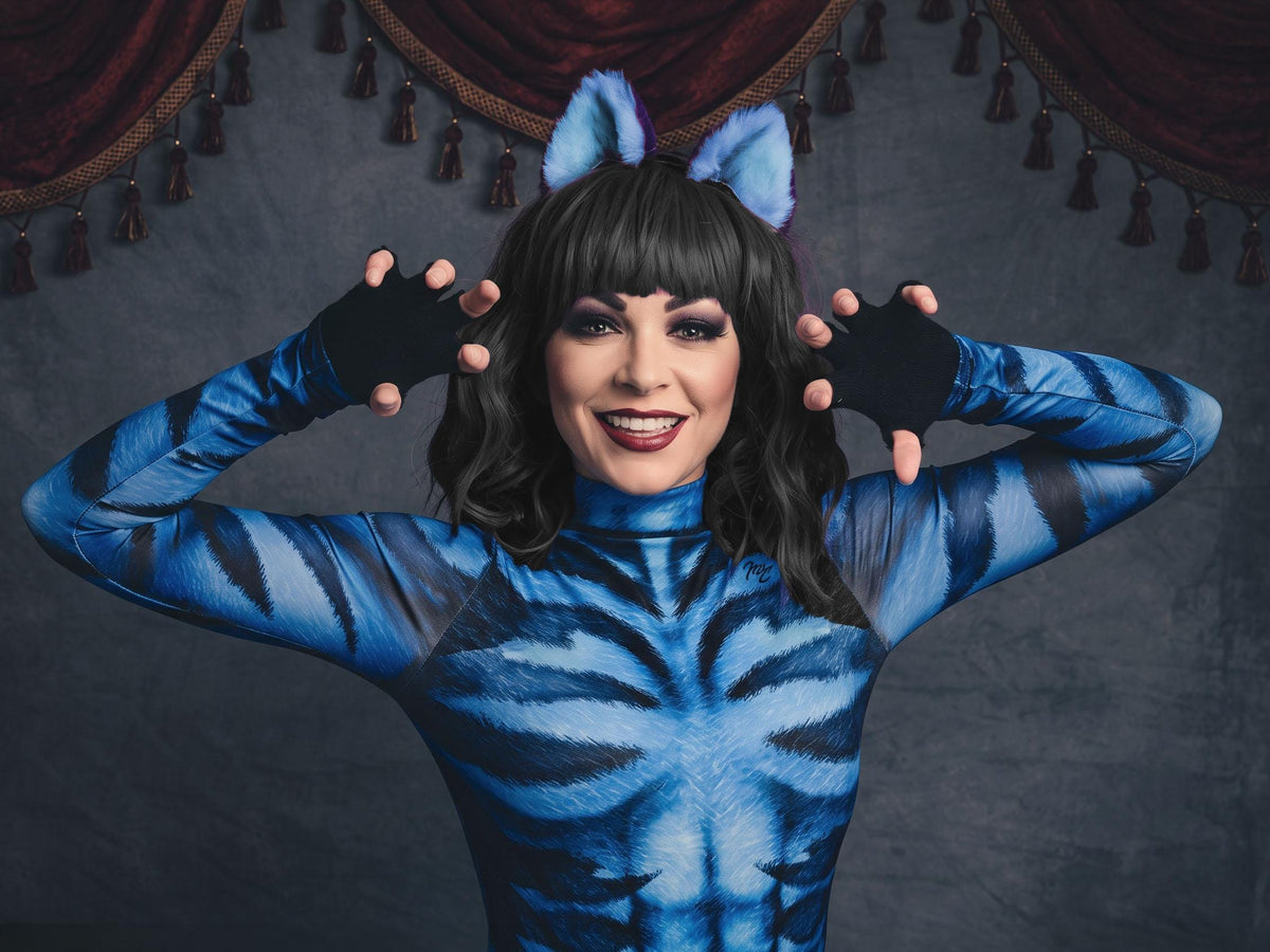 Women's striped cat catsuit, blue, on a model with cat ears