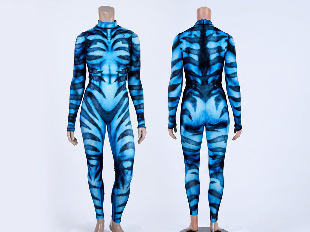 Women's striped cat catsuit, blue, front and back