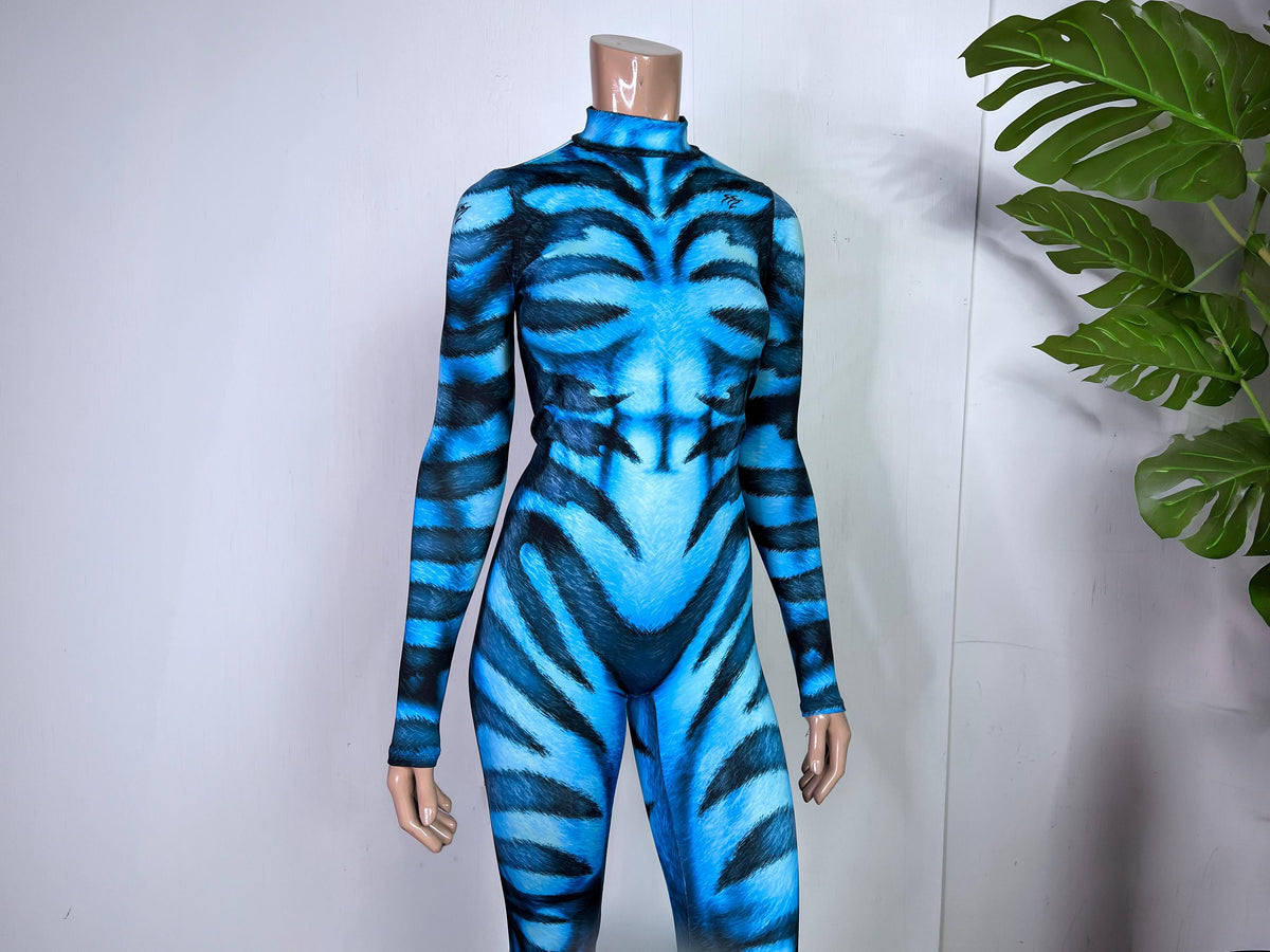 Women's striped cat catsuit, blue, front view
