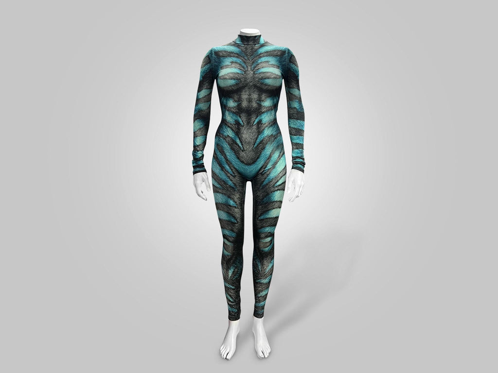 Women's striped cat catsuit, teal, front view