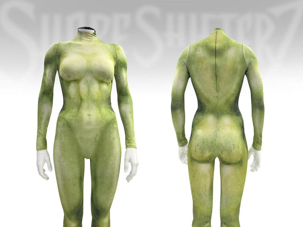 Women's creature skin catsuit, Ork Green printed muscle tone, front and back