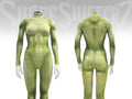 Women's creature skin catsuit, Ork Green printed muscle tone, front and back