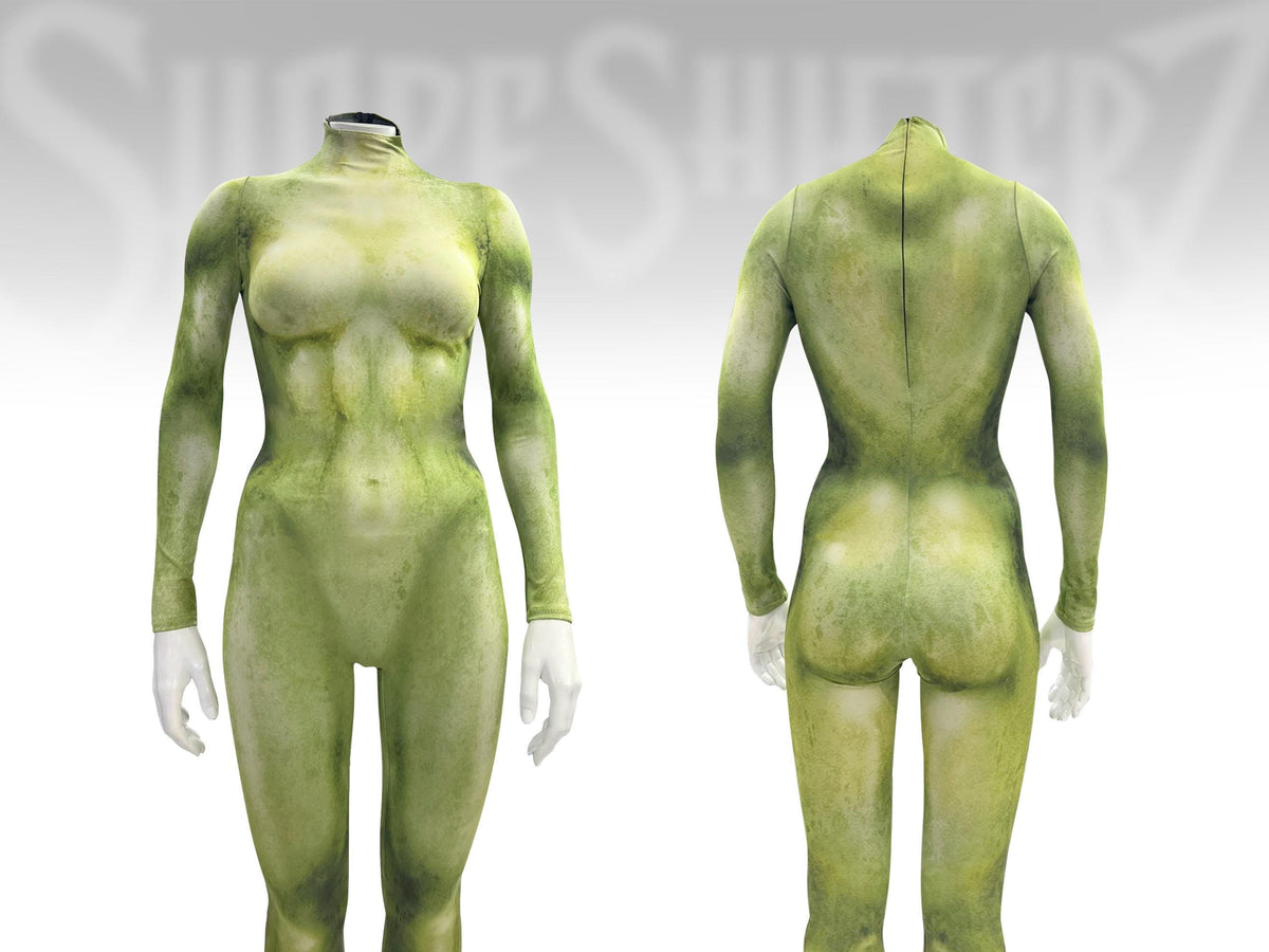 Women's creature skin catsuit, Ork Green printed muscle tone, front and back