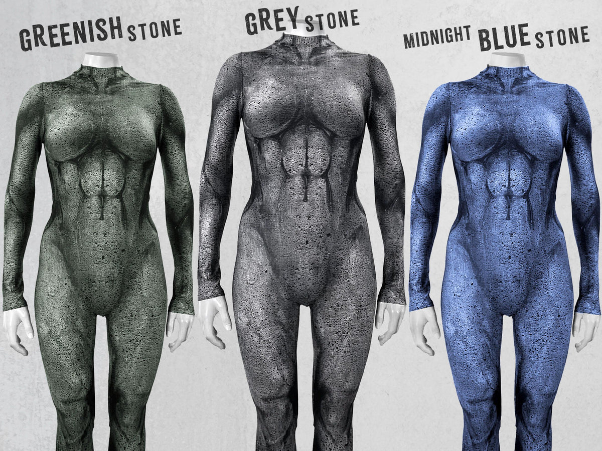 Women's stone statue catsuit, granite print, color option