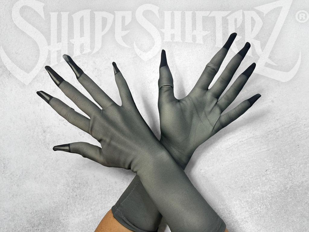Doll skin costume gloves, pale skin print with black nail tips, crossed pair