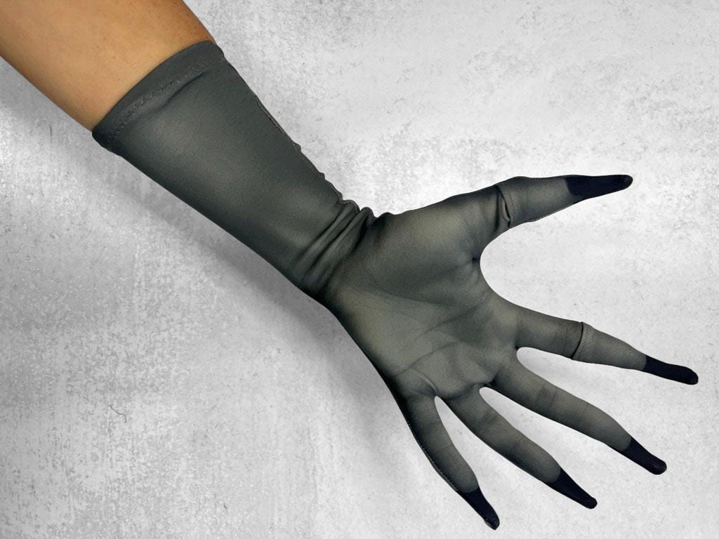 Doll skin costume gloves, pale skin print, worn view
