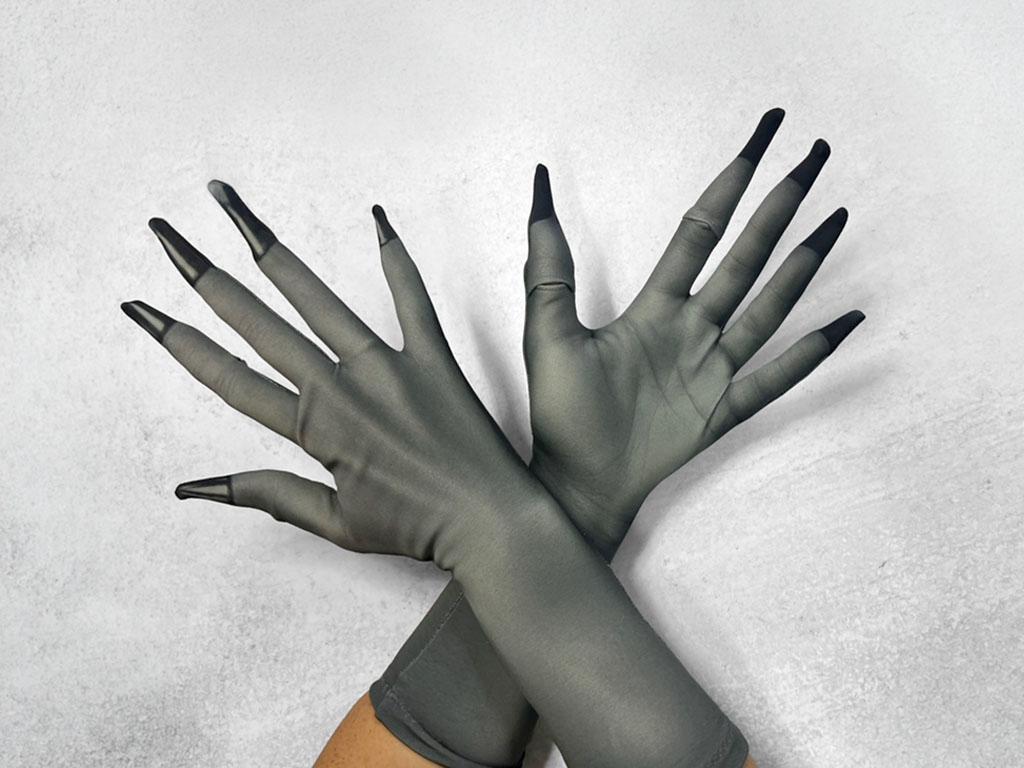Doll skin costume gloves, pale skin print, detail view