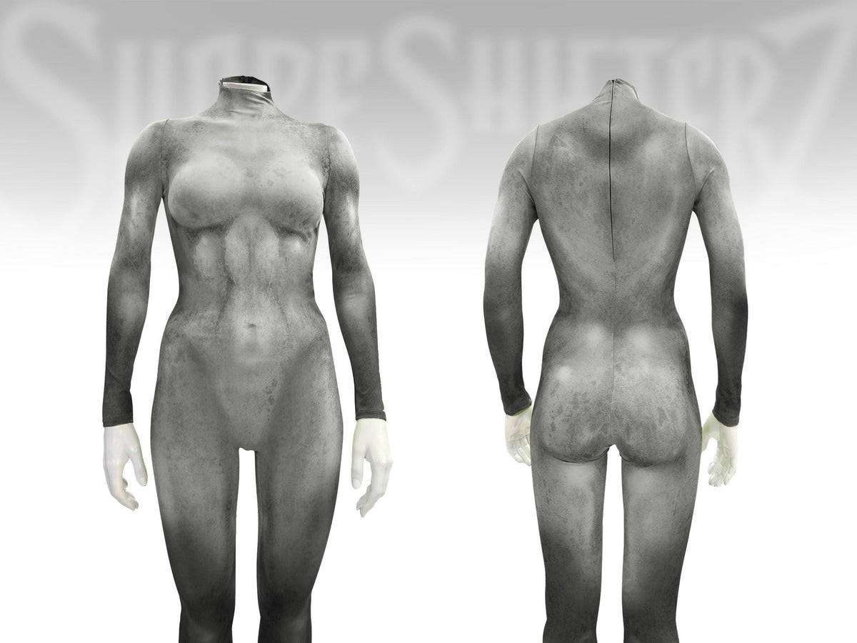 Women's creature skin catsuit, Grey to Black, front and back