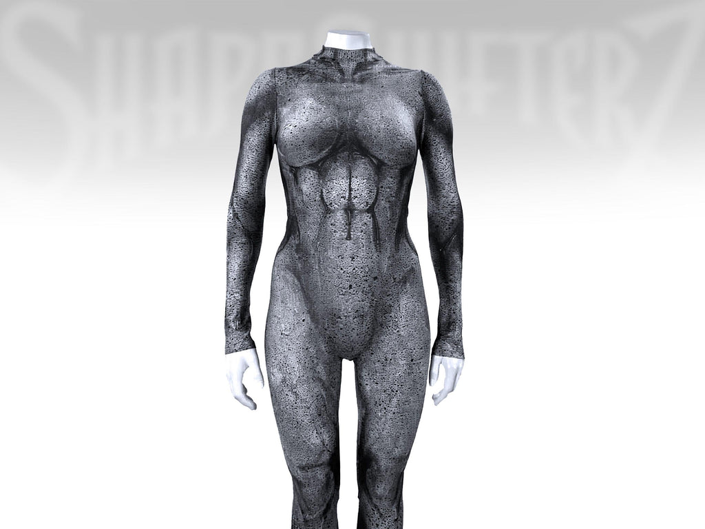 Women's stone statue catsuit, porous granite print, front view