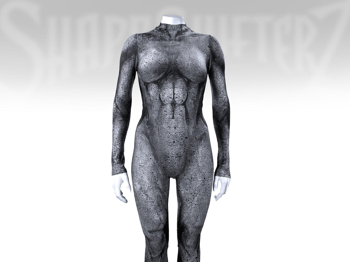 Women's stone statue catsuit, porous granite print, front view