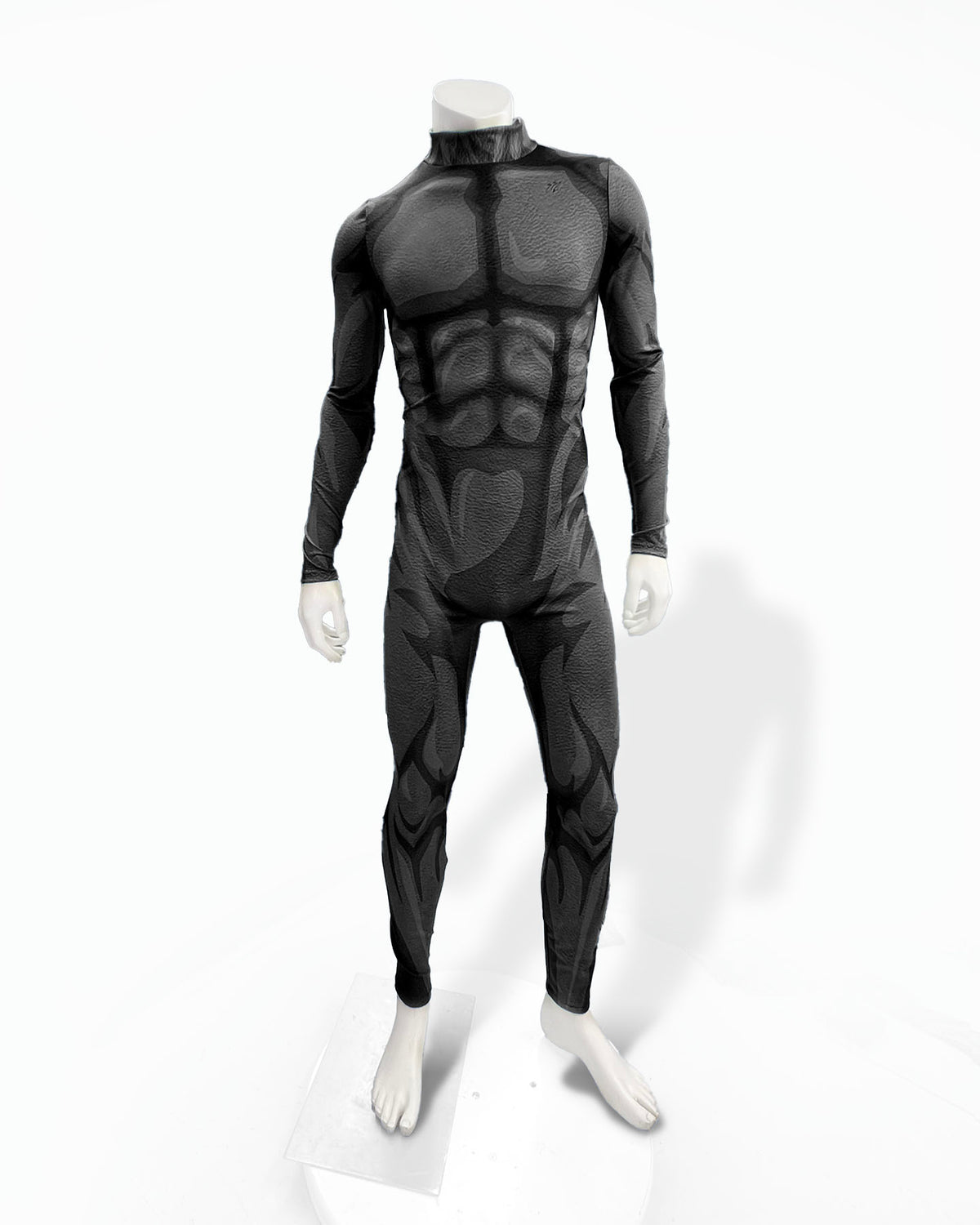 A black full-body muscle suit costume with comic book style shading displayed on a white mannequin against a plain white background. 