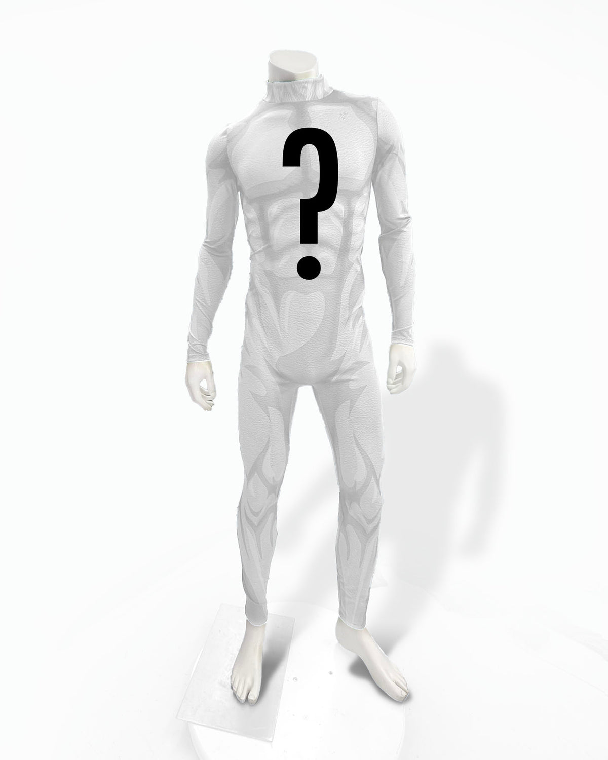 An white full-body muscle suit costume with comic book style shading displayed on a white mannequin against a plain white background. The suit has a high collar, long sleeves, and a full-length leg cover, with a large black question mark printed on the chest.