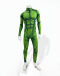 A green full-body muscle suit costume with comic book style shading displayed on a white mannequin against a plain white background. 
