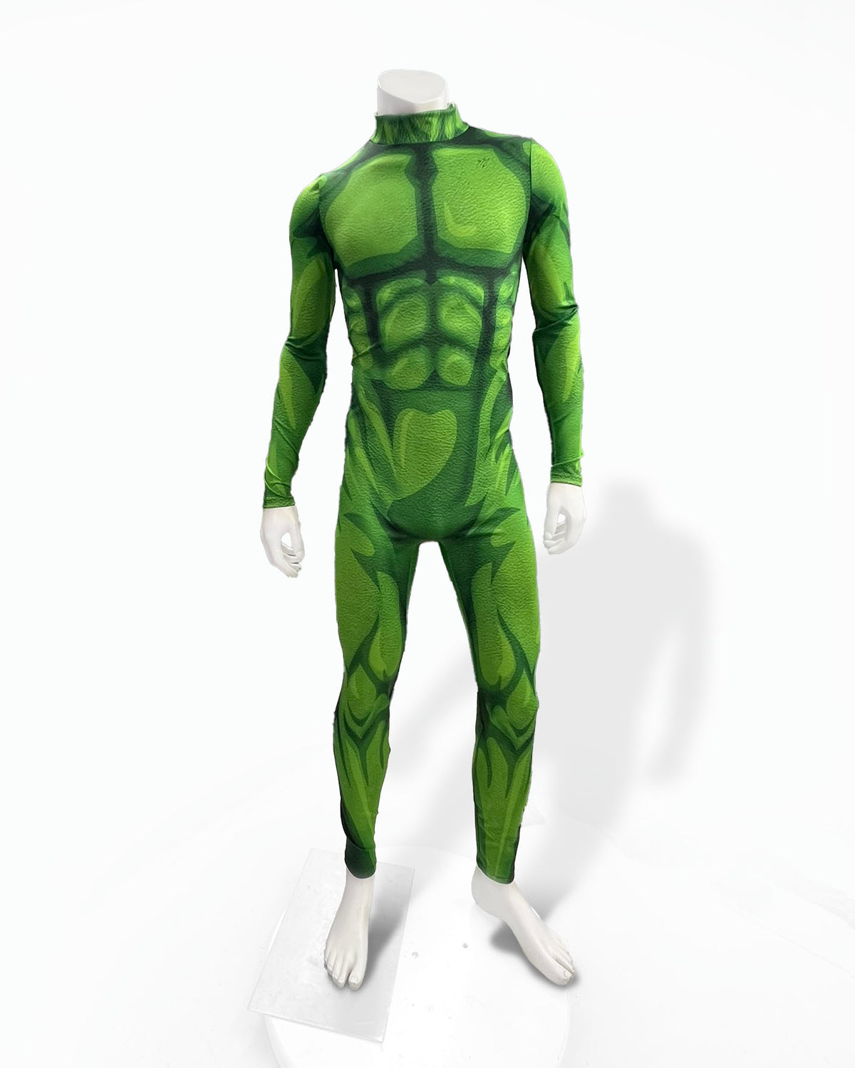A green full-body muscle suit costume with comic book style shading displayed on a white mannequin against a plain white background. 