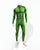 A green full-body muscle suit costume with comic book style shading displayed on a white mannequin against a plain white background. 