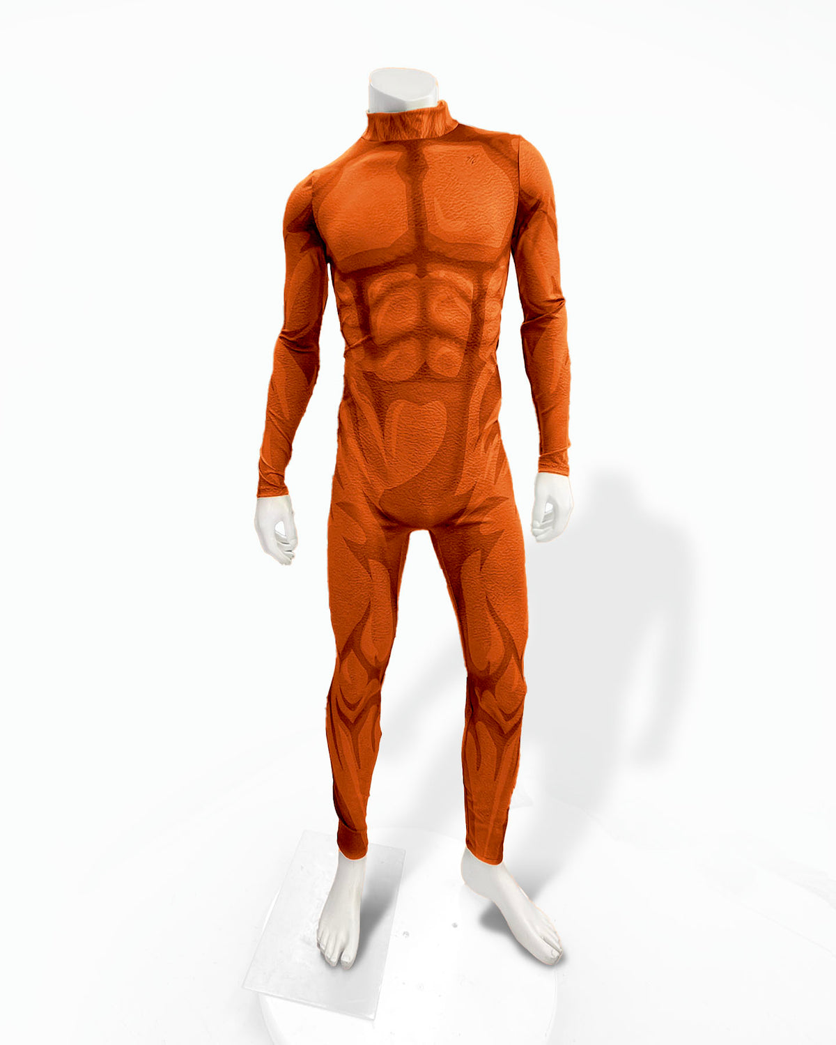 An orange full-body muscle suit costume with comic book style shading displayed on a white mannequin against a plain white background. 