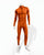 An orange full-body muscle suit costume with comic book style shading displayed on a white mannequin against a plain white background. 