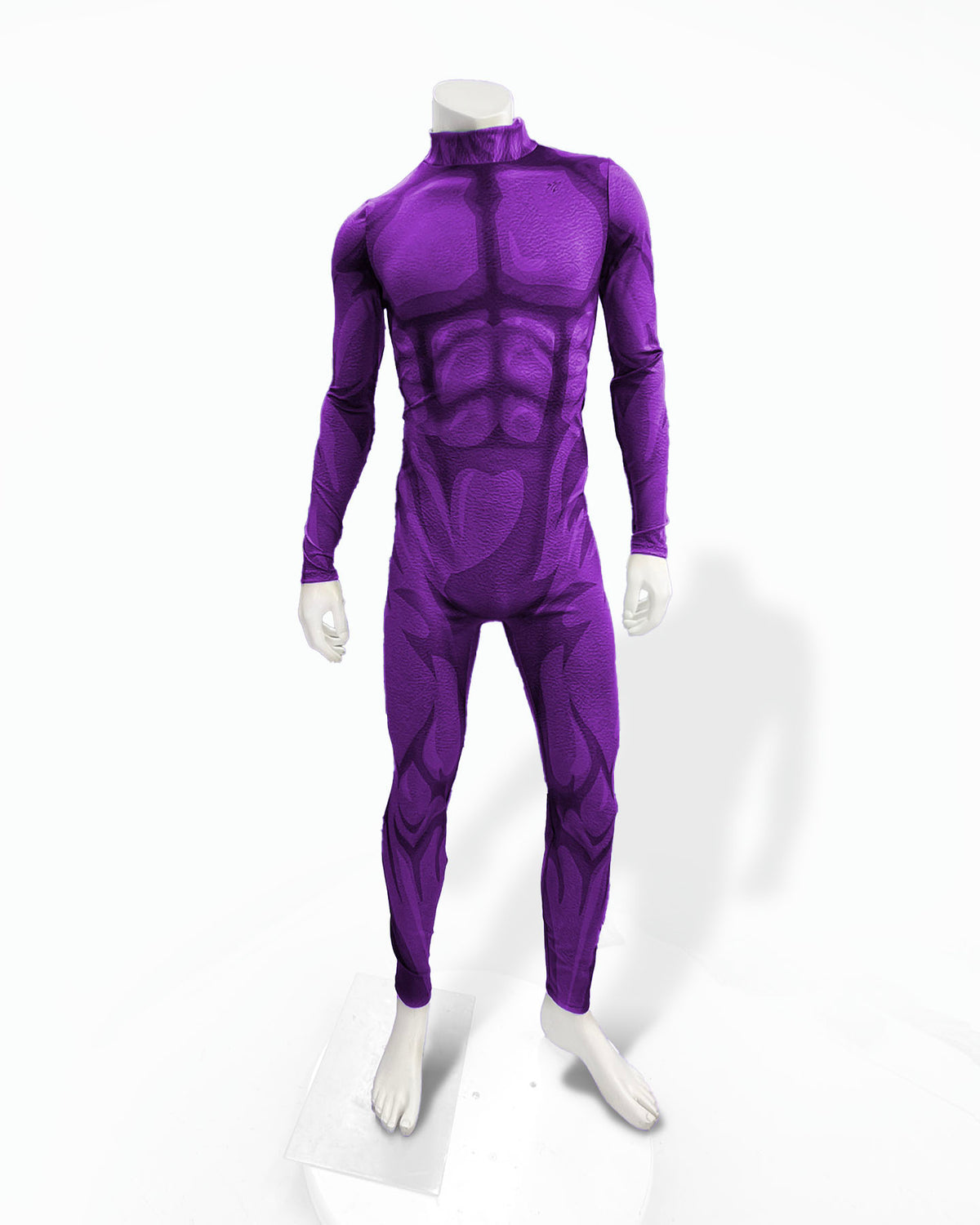 A purple full-body muscle suit costume with comic book style shading displayed on a white mannequin against a plain white background. 