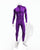 A purple full-body muscle suit costume with comic book style shading displayed on a white mannequin against a plain white background. 