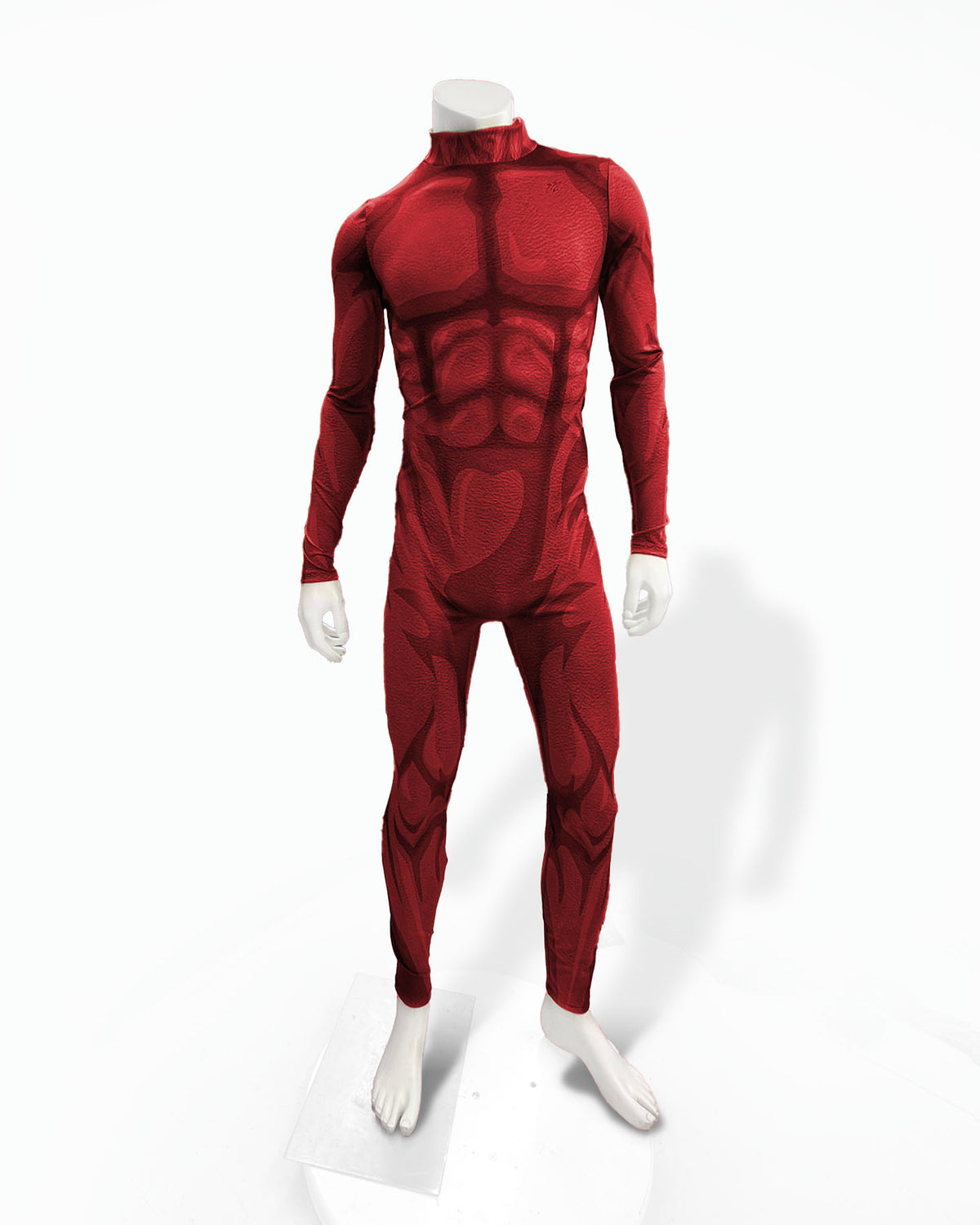 A red full-body muscle suit costume with comic book style shading displayed on a white mannequin against a plain white background. 