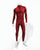 A red full-body muscle suit costume with comic book style shading displayed on a white mannequin against a plain white background. 