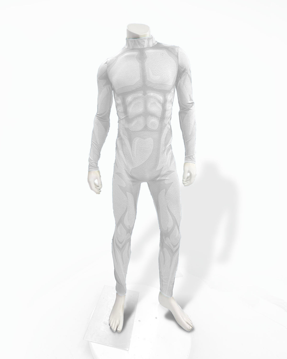 A white full-body muscle suit costume with comic book style shading displayed on a white mannequin against a plain white background. 