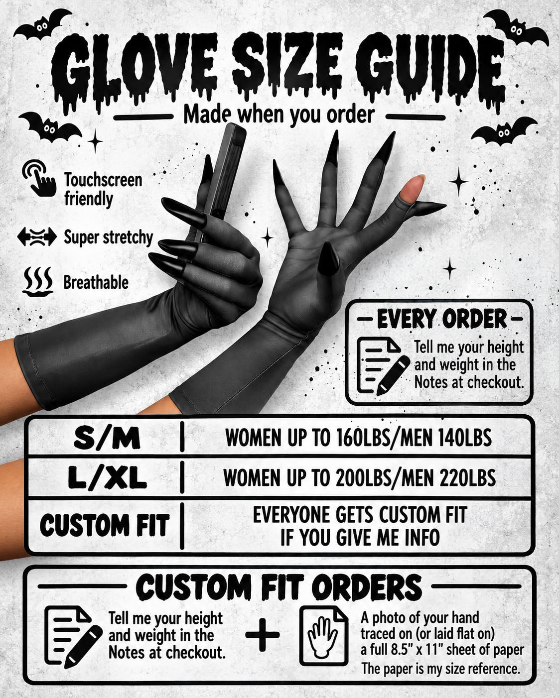 ShapeShifterZ glove size guide: touchscreen friendly, super stretchy, breathable. S/M, L/XL and Custom Fit, with custom fit order instructions