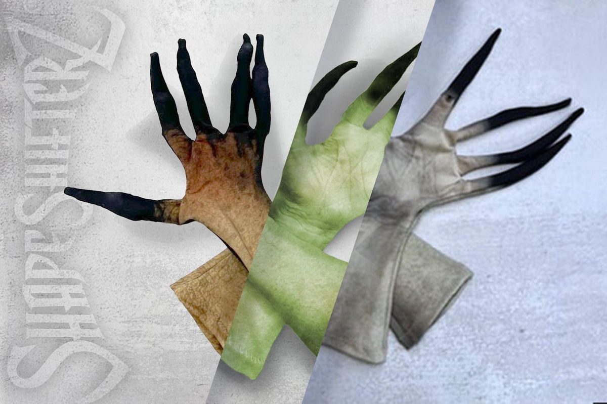 Long finger costume gloves in brown, green and white skin prints