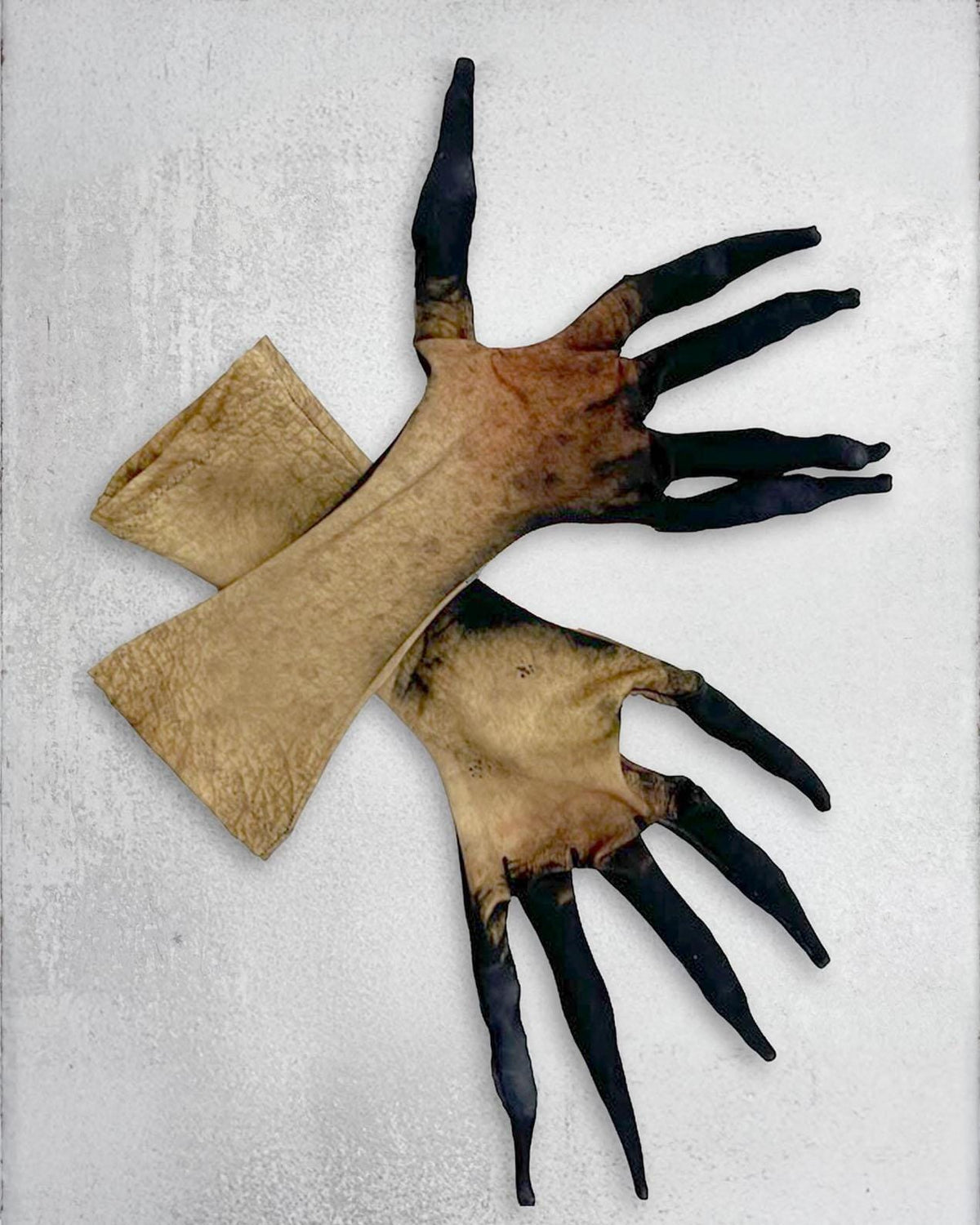 Long finger costume gloves, brown dead skin print