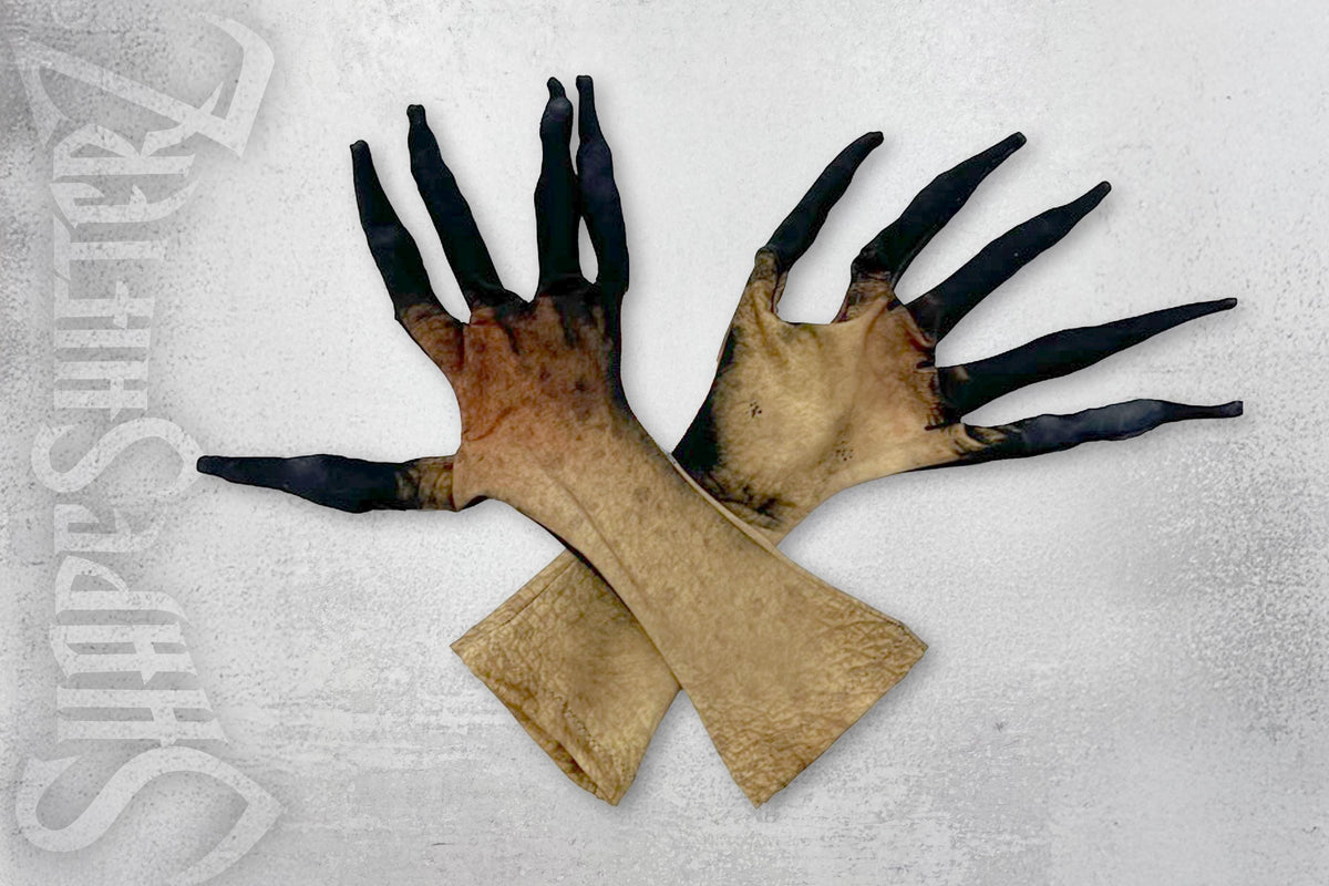 Long finger costume gloves, brown dead skin print, top view