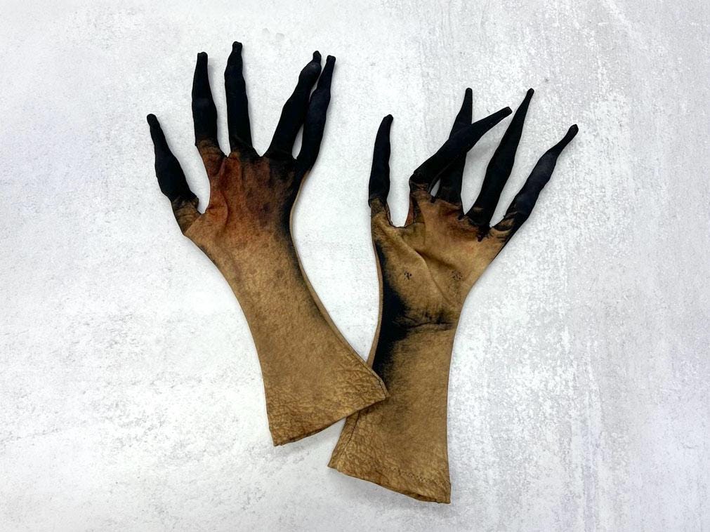 Long finger costume gloves, brown dead skin print, pair